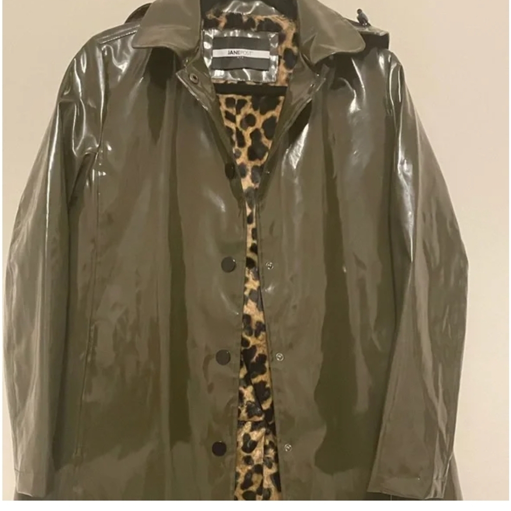 Jane Post Glossy Green Trench Coat with Animal Print Lining